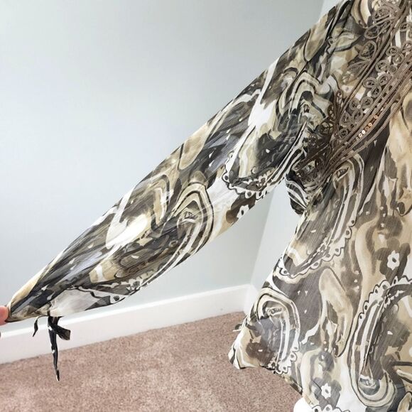 Tribal Women’s Sheer Black Green Ruffled Neckline Blouse Top Long Sleeve Size 14 - Picture 5 of 9